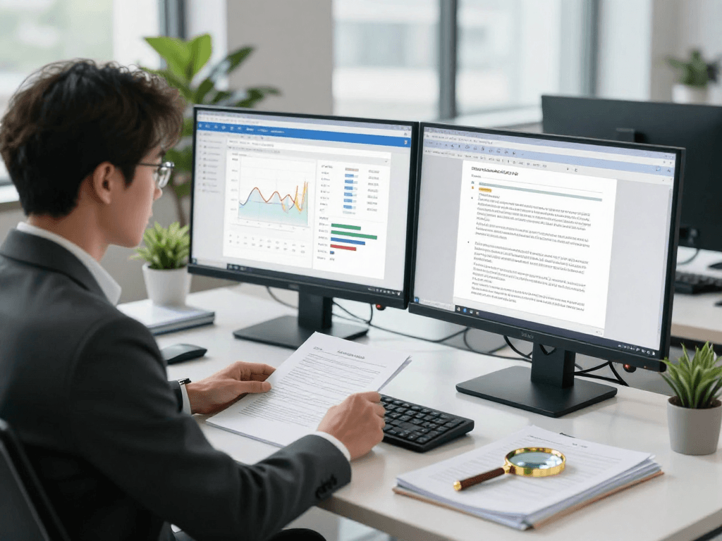 Data analyst using document fraud detection tools in a professional office environment.