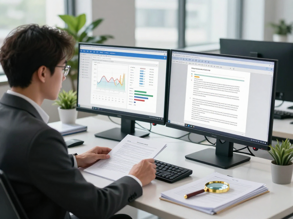 Data analyst using document fraud detection tools in a professional office environment.
