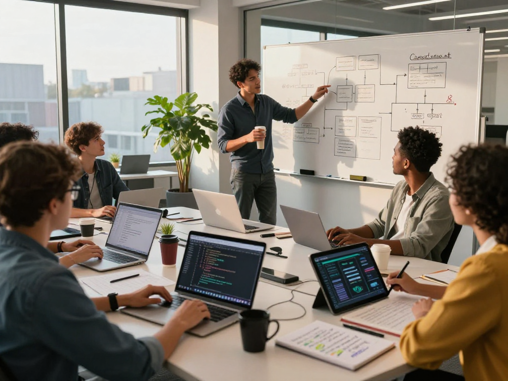 Diverse tech team collaborating in a modern office showcasing juicy chat ai development process with laptops and brainstorming materials.