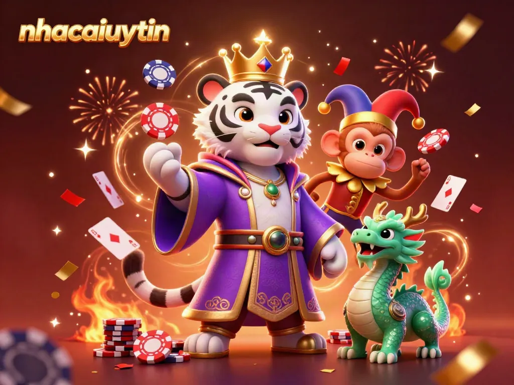 Experience the excitement of nhacaiuytin with a playful tiger, monkey, and dragon in a vibrant casino scene.