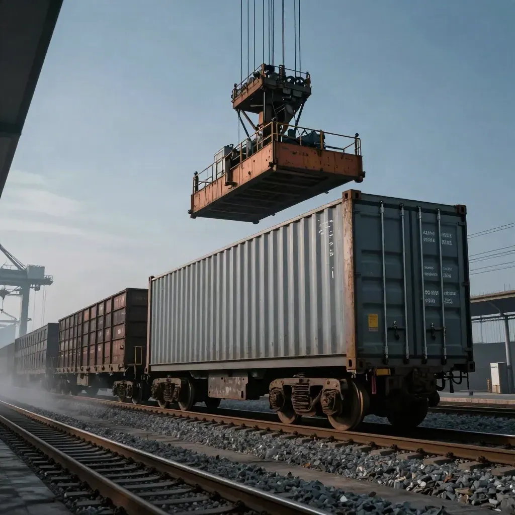 Grua portacontainer che posa un container su un vagone merci al crepuscolo.
