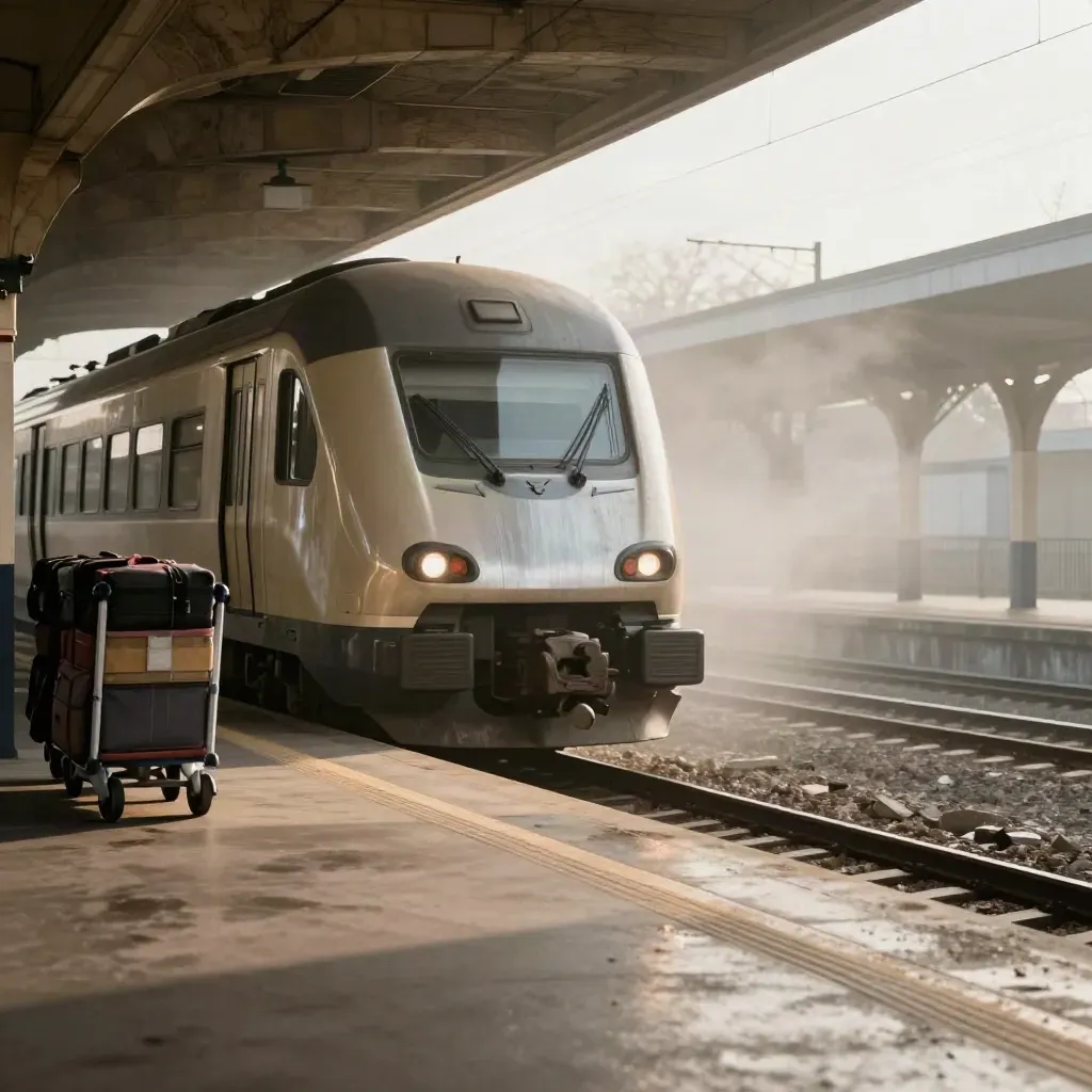 Binario all’alba con treno regionale, tettoia in pietra e carrelli bagagli nella nebbia.