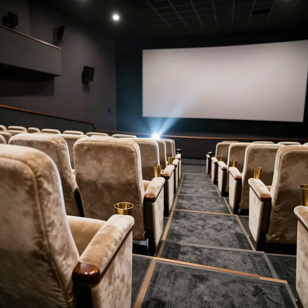 Corridoio di cinema vuoto con poltrone in velluto e fascio di proiezione tra polvere luminosa.