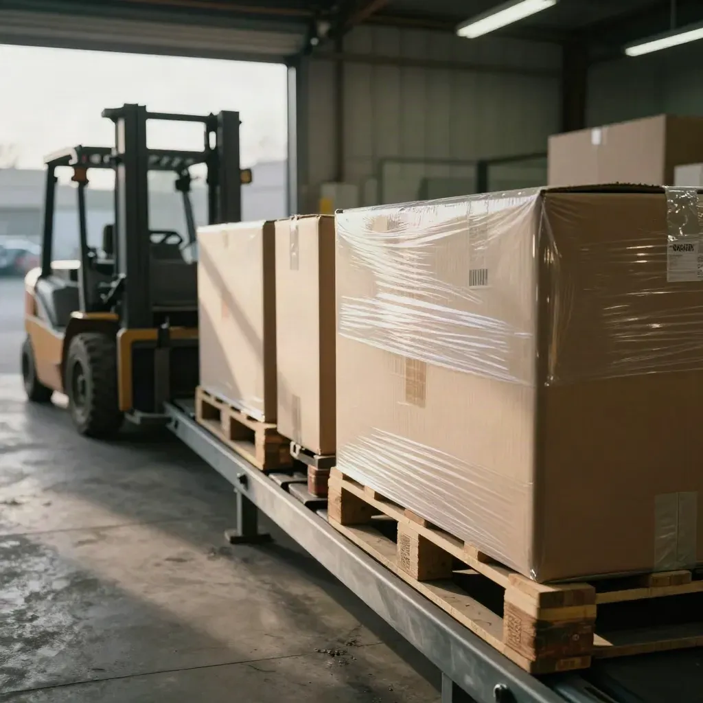Nastro di magazzino con cartoni sigillati, forklift giallo e luce del tardo pomeriggio.