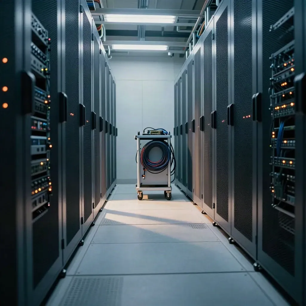 Corridoio di data center con server illuminati e carrello di manutenzione