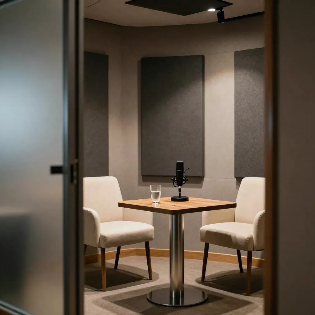 Studio podcast vuoto con due sedie, microfono e bicchiere d’acqua, luce accesa al crepuscolo.