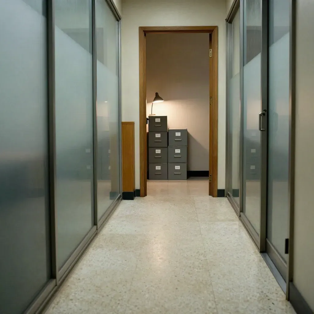 Corridoio di un ufficio fiscale con porte satinate, scatole d’archivio e lampada accesa.