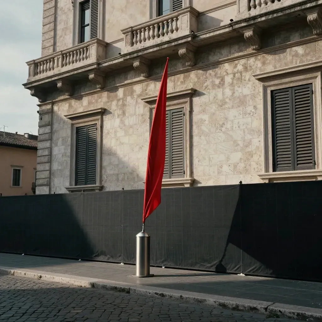 Facciata di Palazzo Chigi vista dal basso, con barriera di sicurezza e bandiera mossa dal vento.