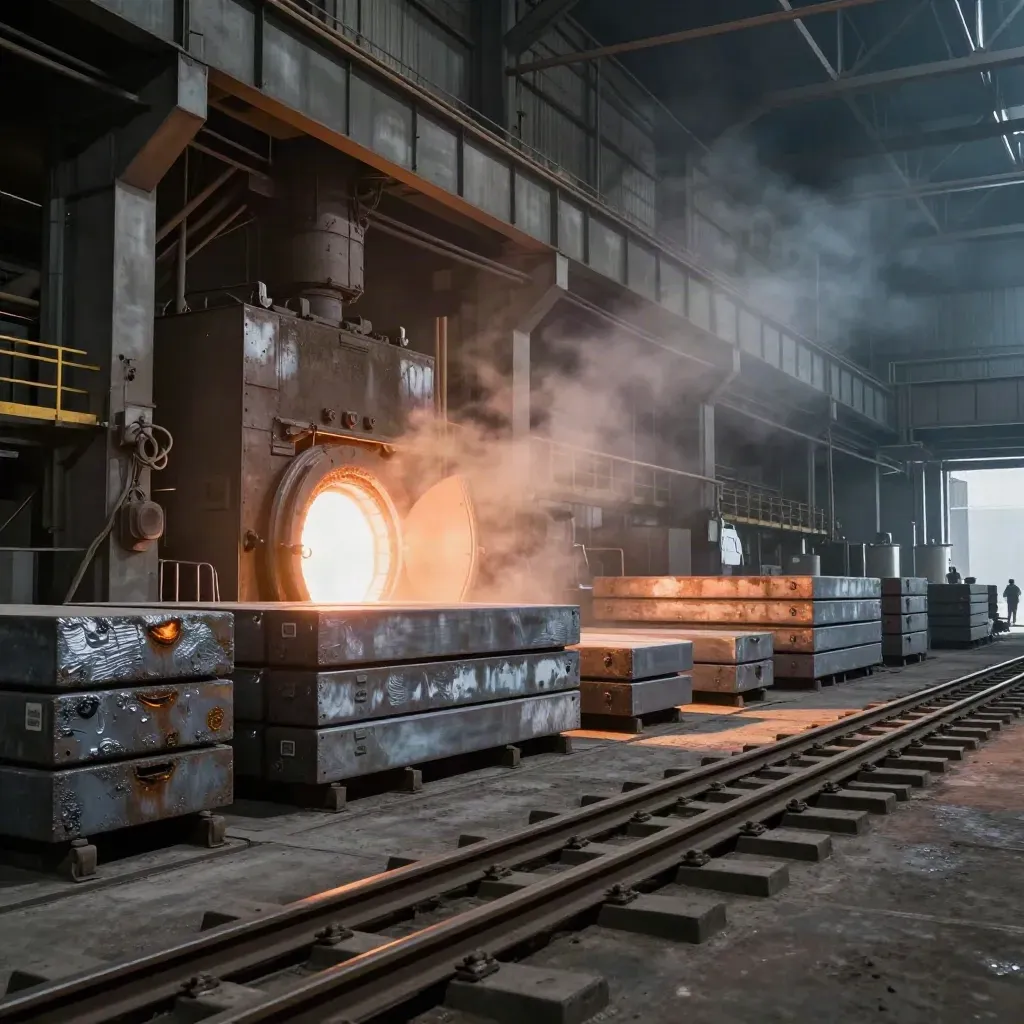 Forno di acciaieria acceso con travi metalliche e binari, atmosfera calda e fumosa
