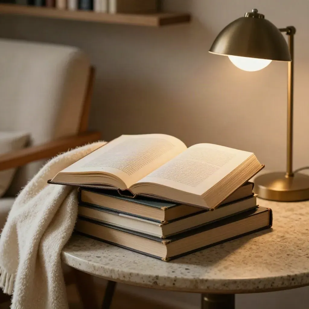 Libri consumati, plaid di lana e lampada accesa su un tavolino in un angolo lettura.