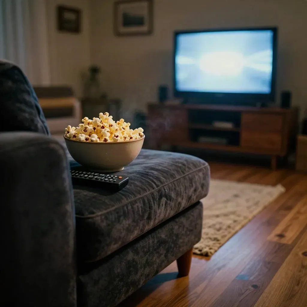 Divano con popcorn e telecomando davanti alla TV sfocata in un soggiorno accogliente.