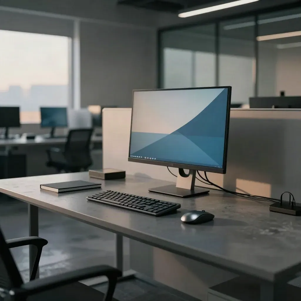 Scrivania d’ufficio vuota con monitor in standby, tastiera e taccuino chiuso