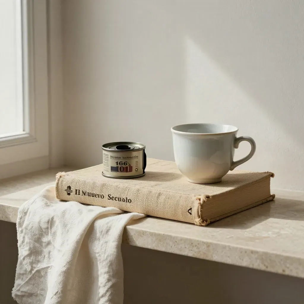 Libro in lino, bobina di pellicola e tazza in ceramica su mensola di pietra chiara.