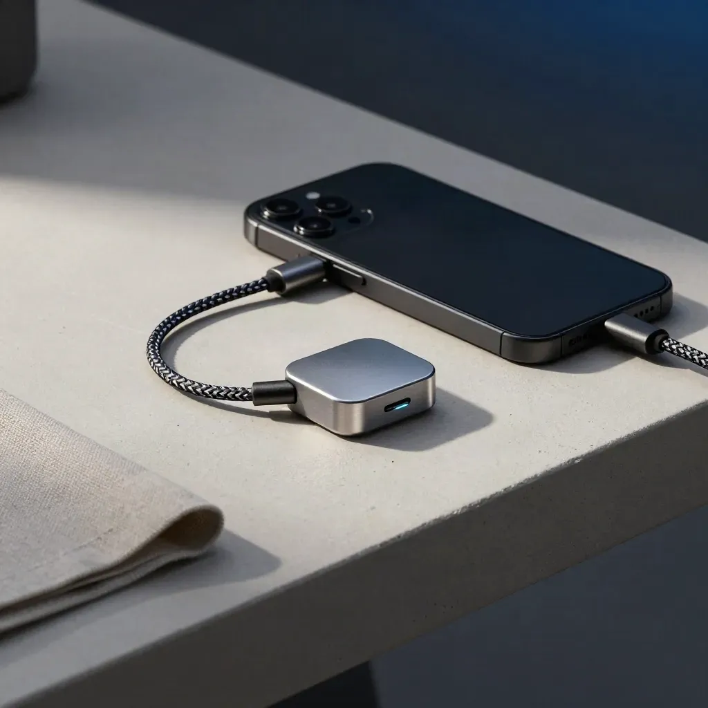 Smartphone face-down, cavo intrecciato e nodo Wi‑Fi su angolo chiaro, luce fredda.