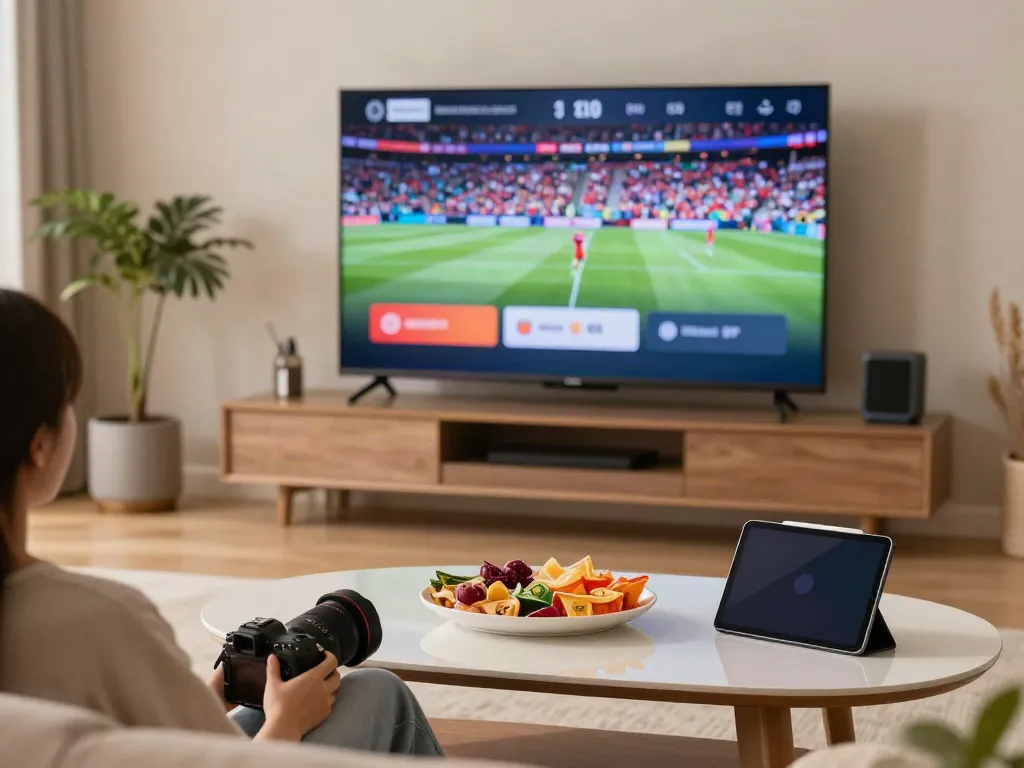 Person watching abbonamento iptv sports content on a large TV in a cozy living room.
