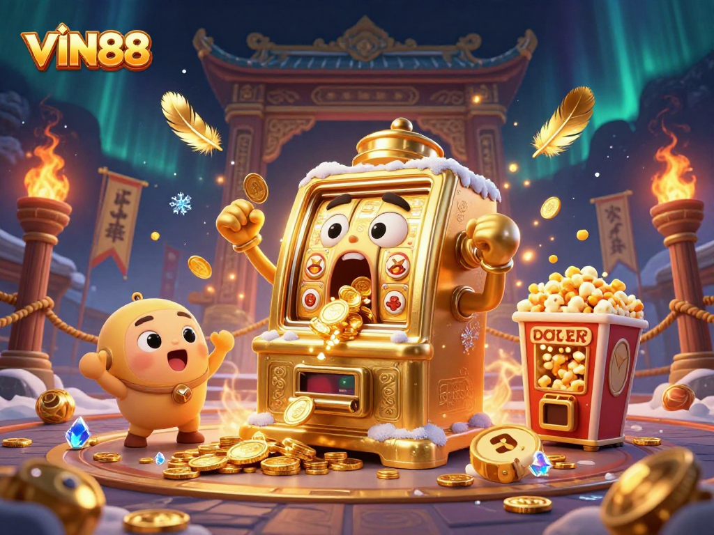 VIN88 slot machine hits a jackpot amidst cheering baby slots and golden popcorn, showcasing excitement.