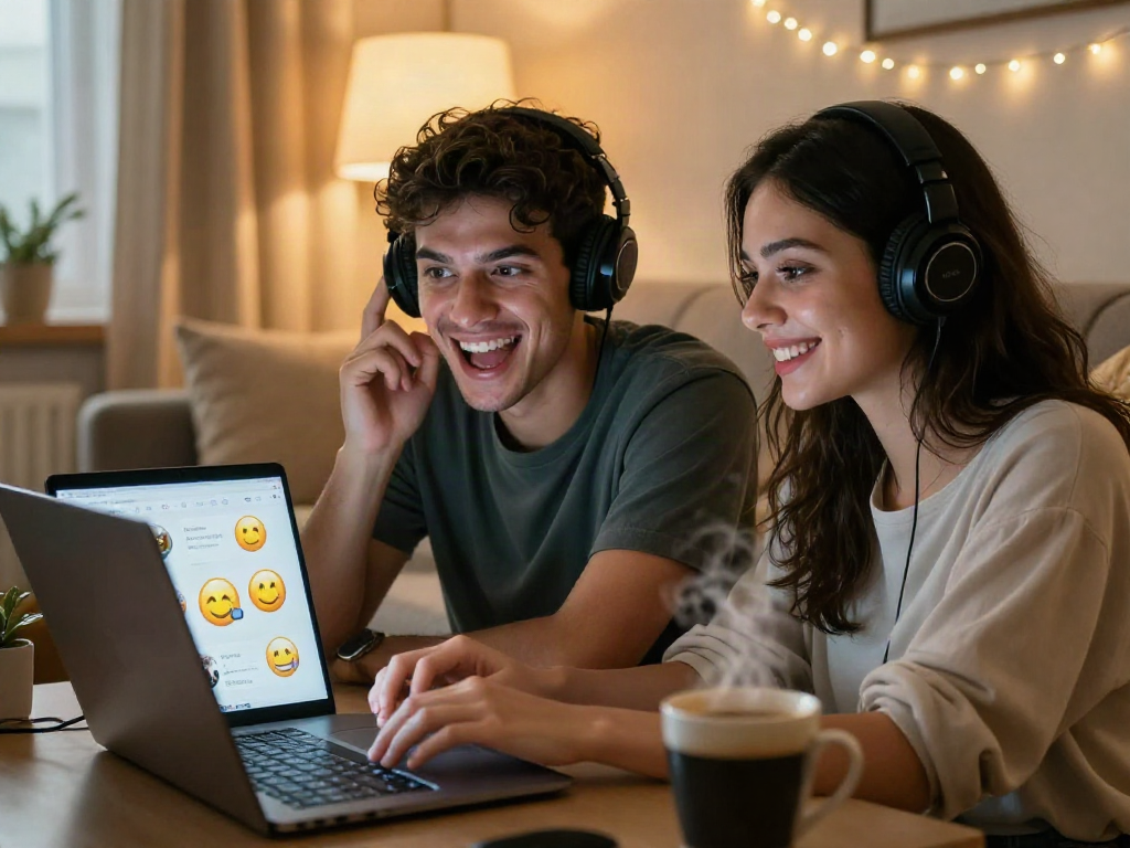 Engaging porn chat ai scene with a couple playfully interacting on laptops in cozy rooms.